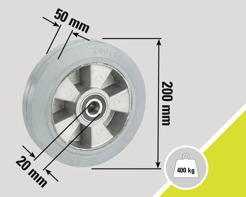 Vizualizare detaliată a rolei cu dimensiuni: diametru 200 mm, lățime cauciuc 50 mm, lățime rulment 20 mm și capacitate portantă 400 kg