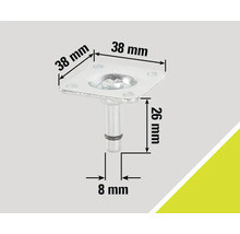 Glisor de mobilă cu dimensiunile de 38 mm, 38 mm, 26 mm și 8 mm