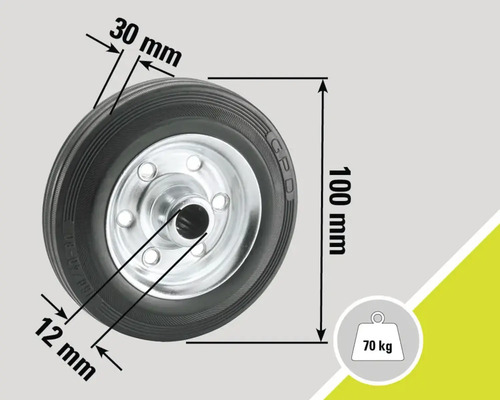 Roată cu pneu și o capacitate portantă de 70 kilograme, dimensiuni: diametru 100 mm, lățime pneu 30 mm, alezaj axă 12 mm