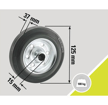 Roată cu dimensiuni: diametru 125 mm, lățime anvelopă 37 mm, orificiu ax 15 mm, capacitate portantă 100 kg