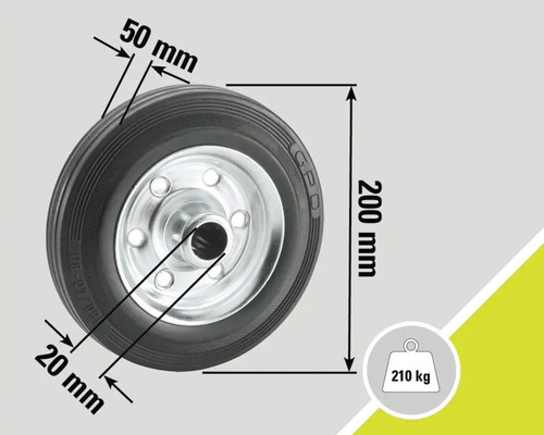 Roată cu anvelopă, diametru 200 milimetri, lățime anvelopă 50 milimetri, alezaj axă 20 milimetri, sarcină maximă 210 kilograme