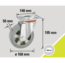 Roată pivotantă cu dimensiunile de 160 mm diametru, 50 mm lățime, 140 mm lungime placă, 195 mm înălțime și o capacitate portantă de 300 kg