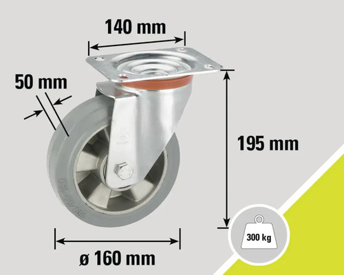 Roată pivotantă cu dimensiunile de 160 mm diametru, 50 mm lățime, 140 mm lungime placă, 195 mm înălțime și o capacitate portantă de 300 kg