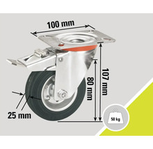 Roată pivotantă cu blocare și dimensiunile 100 mm, 107 mm, 80 mm, 25 mm și capacitatea portantă de 50 de kilograme.