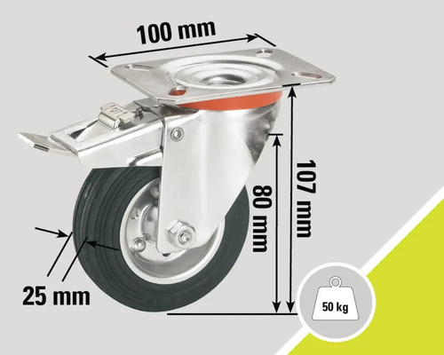 Roată pivotantă cu blocare și dimensiunile 100 mm, 107 mm, 80 mm, 25 mm și capacitatea portantă de 50 de kilograme.