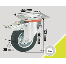 Rotiță pivotantă cu frână, dimensiuni și capacitate portantă de 70 kg