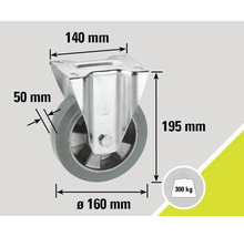 Roată pivotantă cu frână, diametru 160 milimetri, capacitate portantă 300 kilograme