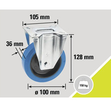 Roată pivotantă cu dimensiunile 105 mm x 128 mm x diametru 100 mm și o capacitate portantă de 150 kg