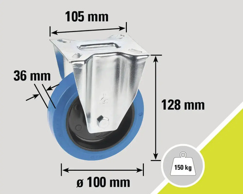 Roată pivotantă cu dimensiunile 105 mm x 128 mm x diametru 100 mm și o capacitate portantă de 150 kg
