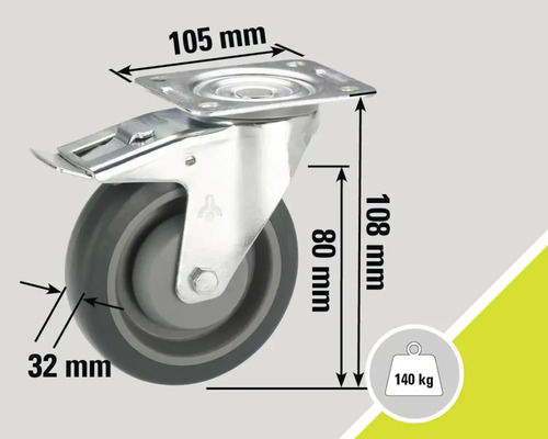 Rotiță pivotantă cu frână, dimensiuni 105 x 108 milimetri, sarcină pe roată de până la 140 kilograme