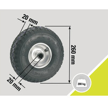 Roată cu dimensiunile de 260 milimetri înălțime și 20 milimetri lățime cu o capacitate portantă de 200 kilograme