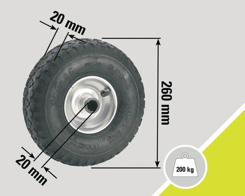 Roată cu dimensiunile de 260 milimetri înălțime și 20 milimetri lățime cu o capacitate portantă de 200 kilograme