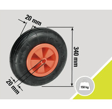 Roată pentru roabă cu dimensiunile de 340 mm în diametru și 20 mm lățime a anvelopei, capacitate maximă de încărcare de 150 kg