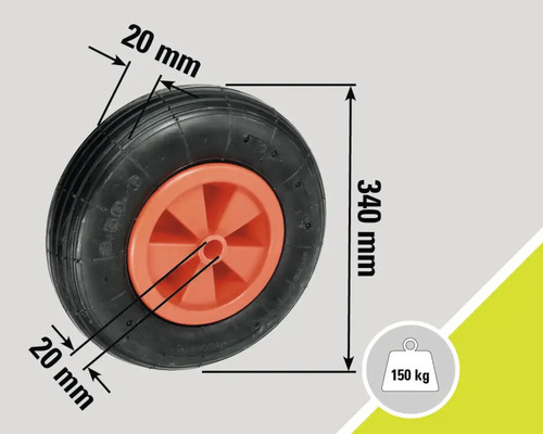 Roată pentru roabă cu dimensiunile de 340 mm în diametru și 20 mm lățime a anvelopei, capacitate maximă de încărcare de 150 kg