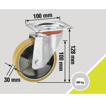 Roată pivotantă cu dimensiunile 100 mm x 100 mm (placă), 128 mm (înălțime) și 30 mm (grosimea roții). Capacitate portantă de până la 200 kg.