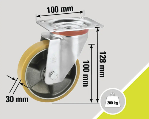 Roată pivotantă cu dimensiunile 100 mm x 100 mm (placă), 128 mm (înălțime) și 30 mm (grosimea roții). Capacitate portantă de până la 200 kg.