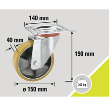 Rotiță pivotantă cu dimensiunile 140 mm x 150 mm x 190 mm și o capacitate portantă de 300 kg