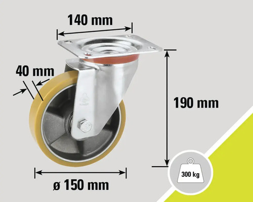 Rotiță pivotantă cu dimensiunile 140 mm x 150 mm x 190 mm și o capacitate portantă de 300 kg