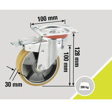 Rotiță pivotantă cu frână, diametrul roții de 100 mm și capacitate portantă de 200 kg