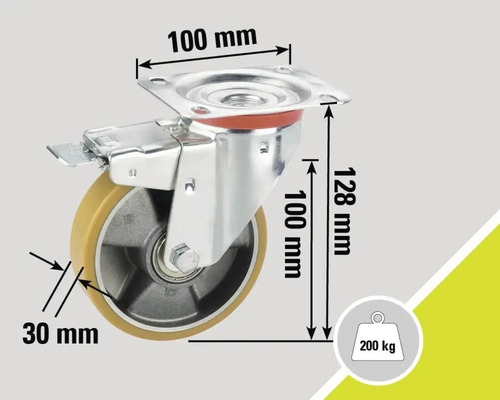 Rotiță pivotantă cu frână, diametrul roții de 100 mm și capacitate portantă de 200 kg