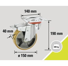 Rotiță pivotantă cu frână, dimensiuni 140 mm x 150 mm x 190 mm, capacitate portantă 300 kg