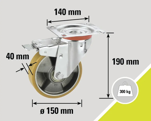 Rotiță pivotantă cu frână, dimensiuni 140 mm x 150 mm x 190 mm, capacitate portantă 300 kg