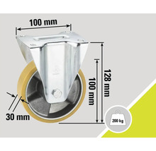 Rotiță pivotantă cu dimensiunile 100 x 100 x 128 mm și o capacitate de încărcare de 200 kg