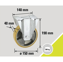 Roată pivotantă cu dimensiunile de 140 mm x 150 mm x 190 mm și o capacitate portantă de 300 kg