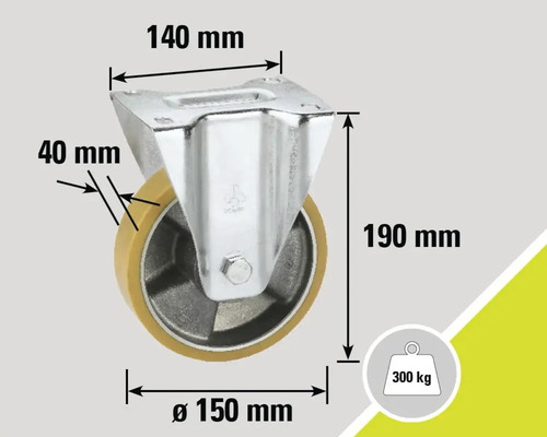 Roată pivotantă cu dimensiunile de 140 mm x 150 mm x 190 mm și o capacitate portantă de 300 kg