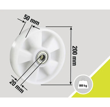 "Roată albă cu dimensiunile de 200 mm înălțime, 50 mm lățime și 20 mm diametru
