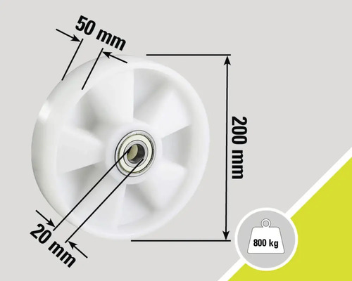 "Roată albă cu dimensiunile de 200 mm înălțime, 50 mm lățime și 20 mm diametru