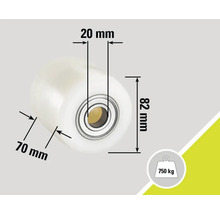 Rulou cu dimensiunile de 20 mm, 70 mm și 82 mm și o capacitate portantă de 750 kg
