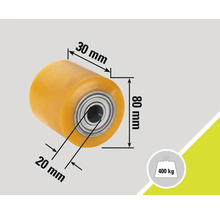 Rola din poliuretan cu rulment cu bile și dimensiunile 80 mm x 30 mm x 20 mm, capacitate portantă 400 kg
