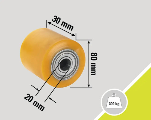 Rola din poliuretan cu rulment cu bile și dimensiunile 80 mm x 30 mm x 20 mm, capacitate portantă 400 kg