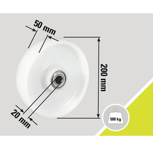 Dimensiuni rolă: diametru 200 mm, lățime roată 50 mm, alezaj ax 20 mm, capacitate portantă 500 kg