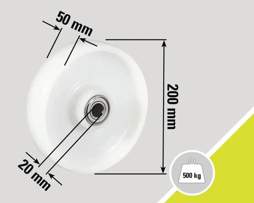 Dimensiuni rolă: diametru 200 mm, lățime roată 50 mm, alezaj ax 20 mm, capacitate portantă 500 kg