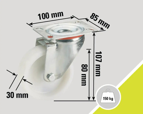 Roată pivotantă cu dimensiunile de 100 mm pe 85 mm, 107 mm înălțime, diametrul roții de 80 mm și lățimea roții de 30 mm, sarcină maximă 150 kg