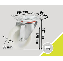 Rola cu placă, dimensiuni 100 mm x 85 mm, diametru roată 125 mm, lățime roată 35 mm, înălțime de construcție 157 mm, capacitate portantă 220 kg