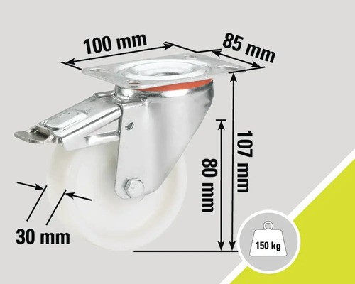 "Roată pivotantă cu frână și dimensiuni: placă de montare de 100 mm x 85 mm, înălțime de 107 mm, înălțime axă de 80 mm și diametru roată de 30 mm
