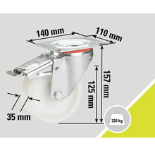 Roată pivotantă cu frână și dimensiunile de 140 mm pe 110 mm