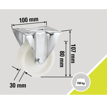 Suport cu role cu o capacitate portantă de 150 de kilograme și dimensiunile de 100 x 107 x 30 milimetri.