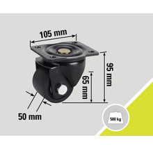 Roată pivotantă cu dimensiunile 105 mm pe 95 mm și o capacitate portantă de 500 kg