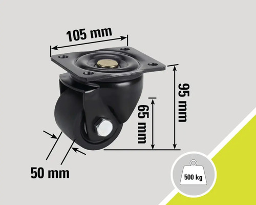 Roată pivotantă cu dimensiunile 105 mm pe 95 mm și o capacitate portantă de 500 kg