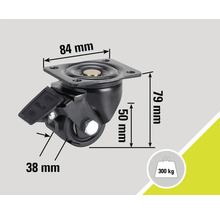 Rotiță pivotantă cu frână și dimensiunile 84 mm, 79 mm, 50 mm și 38 mm, capacitate portantă 300 de kilograme.