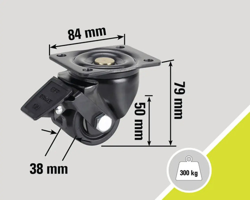 Rotiță pivotantă cu frână și dimensiunile 84 mm, 79 mm, 50 mm și 38 mm, capacitate portantă 300 de kilograme.