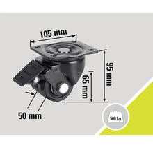 Rotiță pivotantă cu frână și dimensiunile 105 mm x 95 mm x 65 mm, capacitate portantă 500 kg
