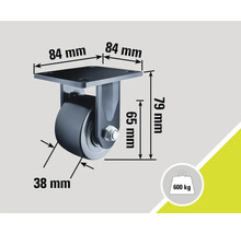 Rulment cu dimensiunile de 84 mm x 84 mm, o înălțime de 79 mm și o lățime a roții de 38 mm, sarcină maximă 600 kg