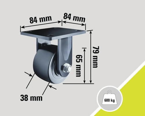Rulment cu dimensiunile de 84 mm x 84 mm, o înălțime de 79 mm și o lățime a roții de 38 mm, sarcină maximă 600 kg