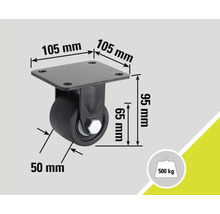 Roată pivotantă cu dimensiunile de 105 mm x 105 mm x 95 mm și o capacitate portantă de 500 kg