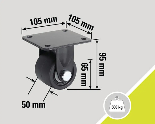 Roată pivotantă cu dimensiunile de 105 mm x 105 mm x 95 mm și o capacitate portantă de 500 kg